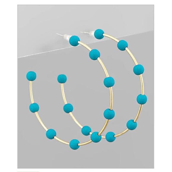 Gold with Teal Bead Hoop Earrings - Picture 2 of 2